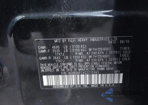 2016 Subaru Outback 2.5I Premium z USA, uszkodzony, nr VIN 4S4BSAFC4G3215363